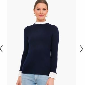 Tuckernuck Women's Navy Rosemary Eyelet Knit Top Ribbed Long Lace Sleeve Shirt S